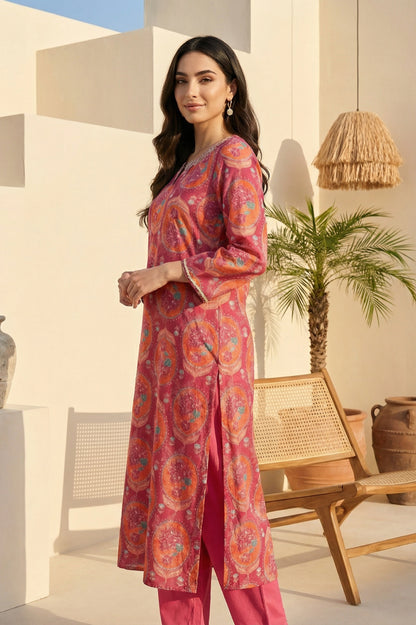 Pink Floral Printed Sequins Rayon Straight Kurta