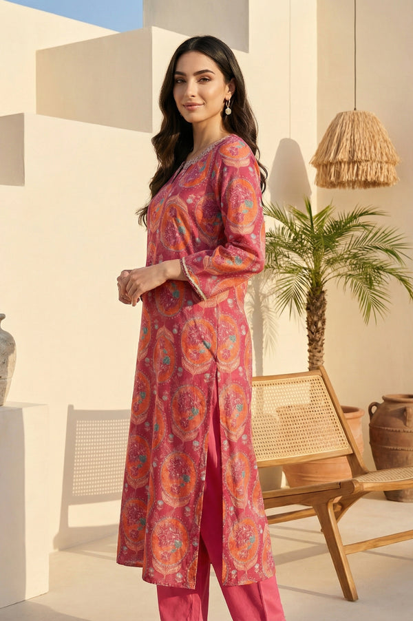 Pink Floral Printed Sequins Rayon Straight Kurta