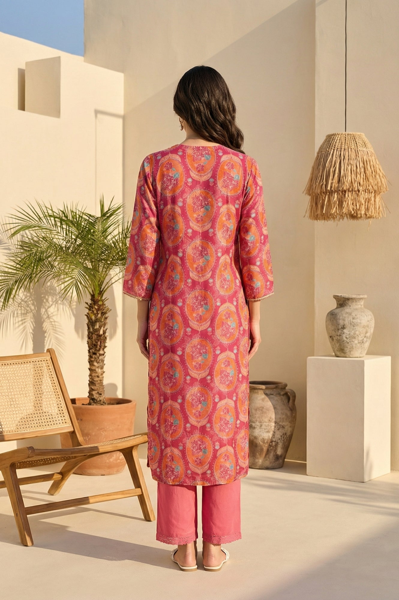 Pink Floral Printed Sequins Rayon Straight Kurta