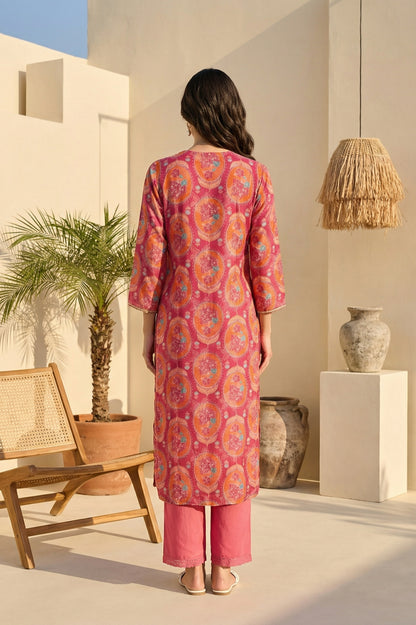 Pink Floral Printed Sequins Rayon Straight Kurta