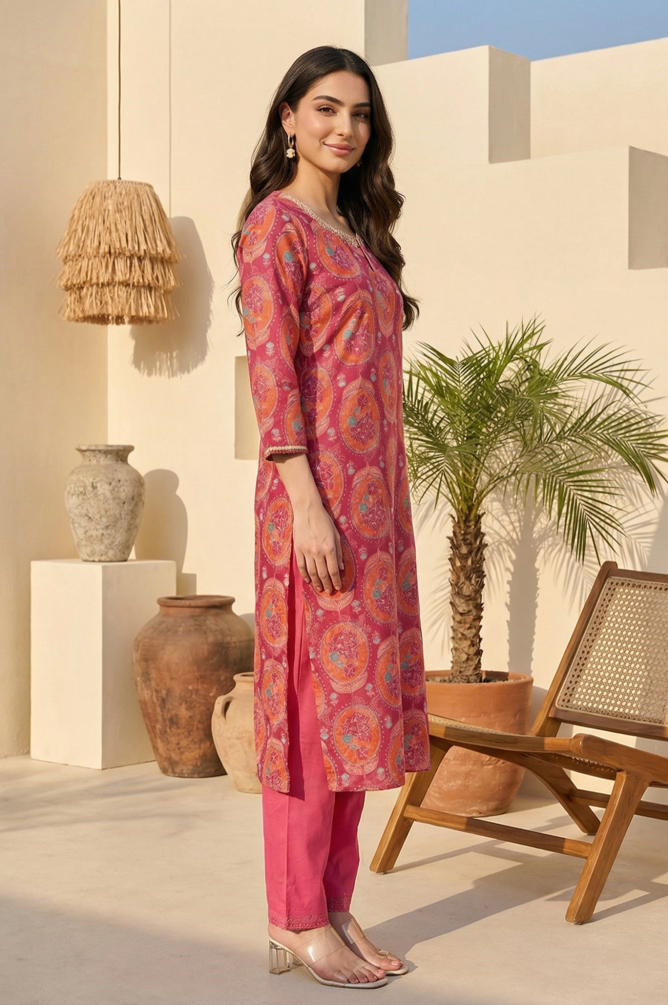 Pink Floral Printed Sequins Rayon Straight Kurta