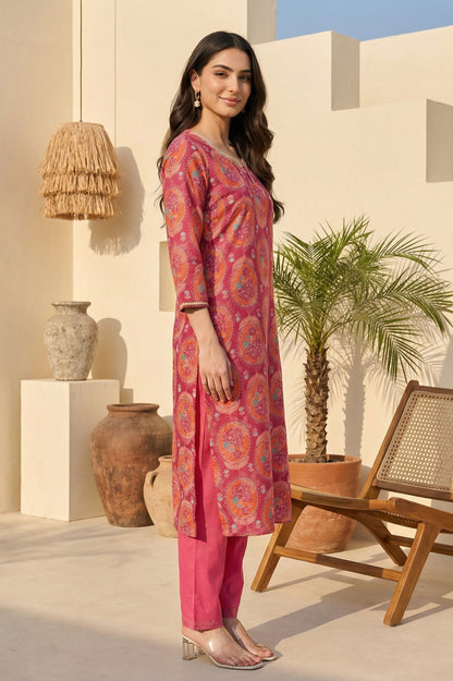 Pink Floral Printed Sequins Rayon Straight Kurta