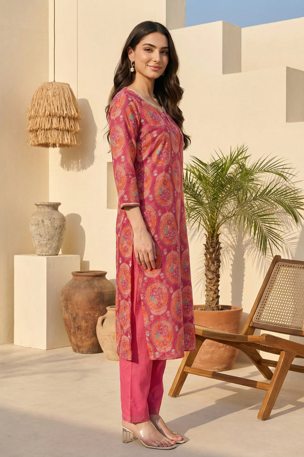 Pink Floral Printed Sequins Rayon Straight Kurta