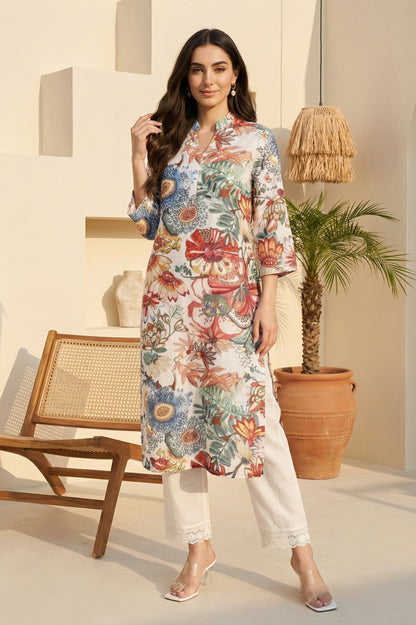 Off White Bold Floral Embroidered Straight Kurta