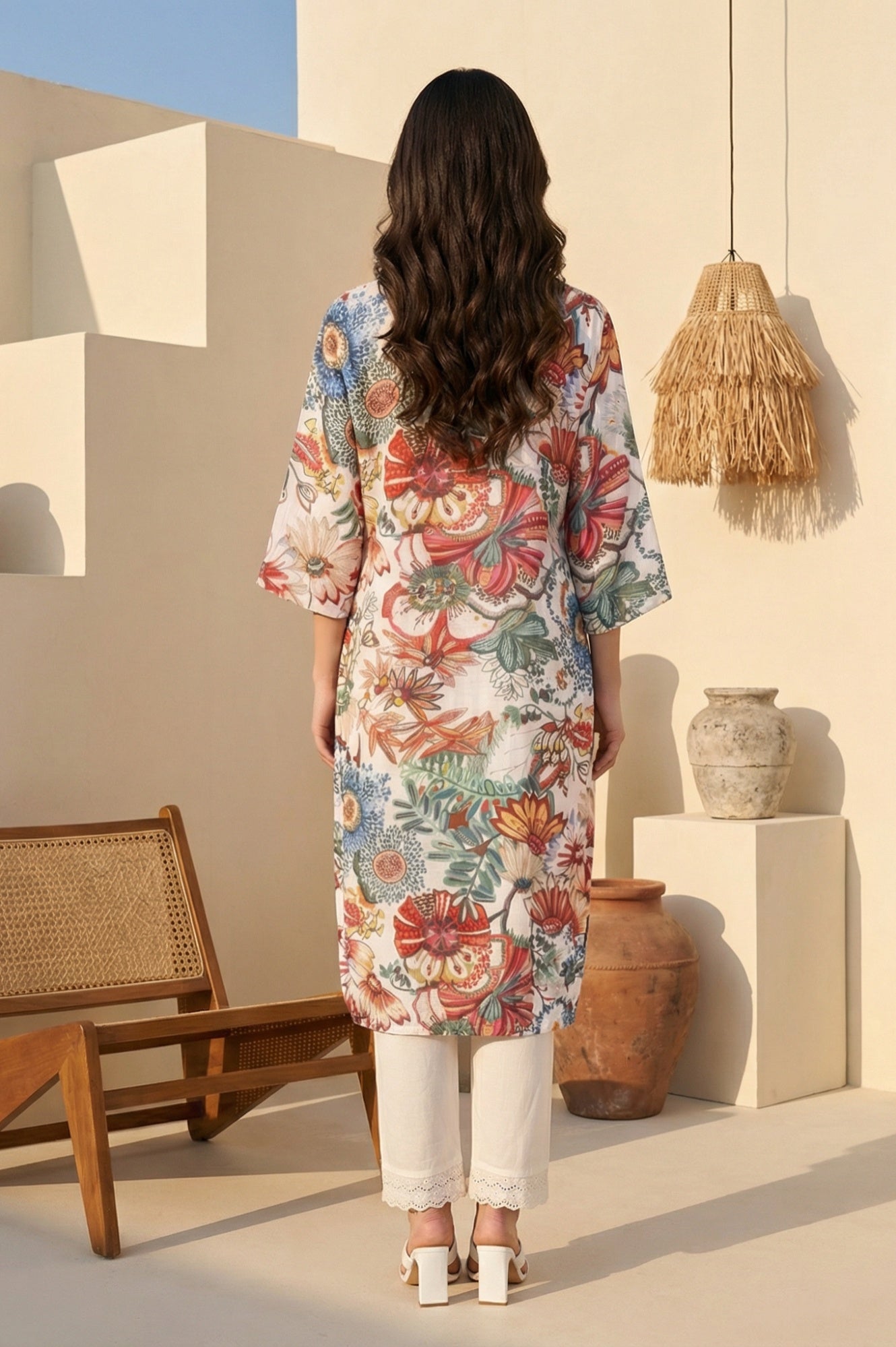 Off White Bold Floral Embroidered Straight Kurta