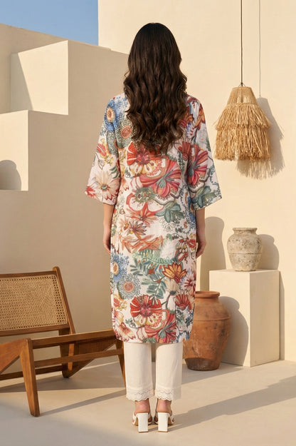 Off White Bold Floral Embroidered Straight Kurta