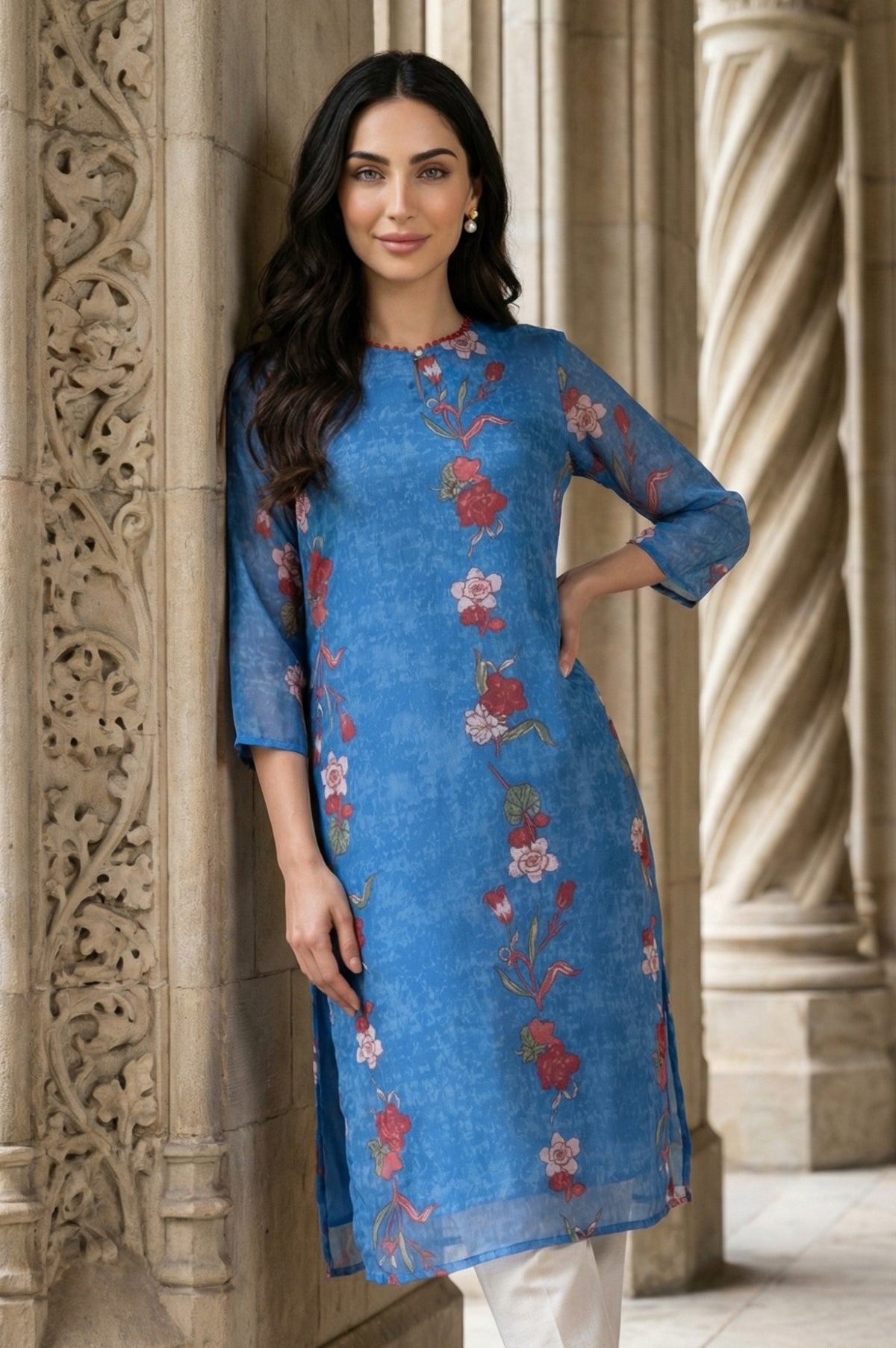 Blue Floral Printed Chiffon Straight Kurta - XS