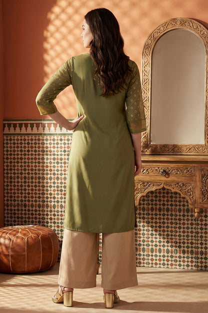 Green Glitter Printed Rayon Straight Kurta with Embroidered Neck