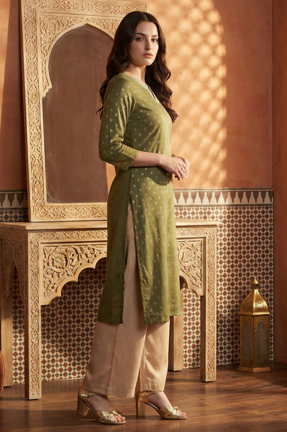 Green Glitter Printed Rayon Straight Kurta with Embroidered Neck