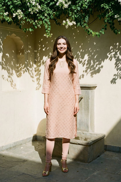 Peach Glitter Printed Rayon Straight Kurta with Embroidered Neck