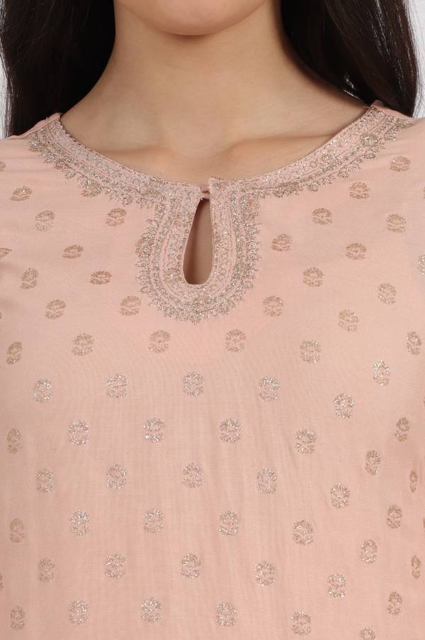 Peach Glitter Printed Rayon Straight Kurta with Embroidered Neck