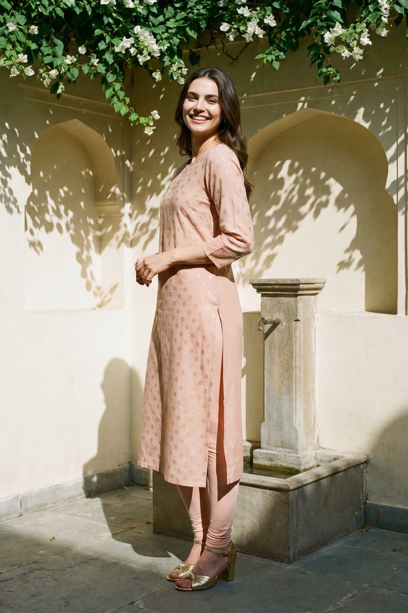 Peach Glitter Printed Rayon Straight Kurta with Embroidered Neck