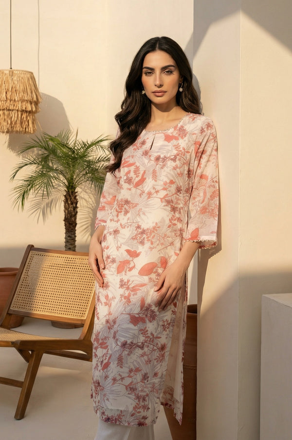 Off White Floral Printed Organza Straight Kurta