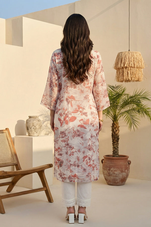 Off White Floral Printed Organza Straight Kurta