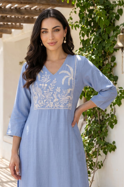 Blue Thread Embroidered Straight Kurta