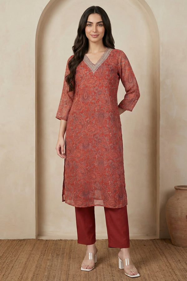 Rust Paisley Printed Straight Chiffon Kurta with Embroidered Neck