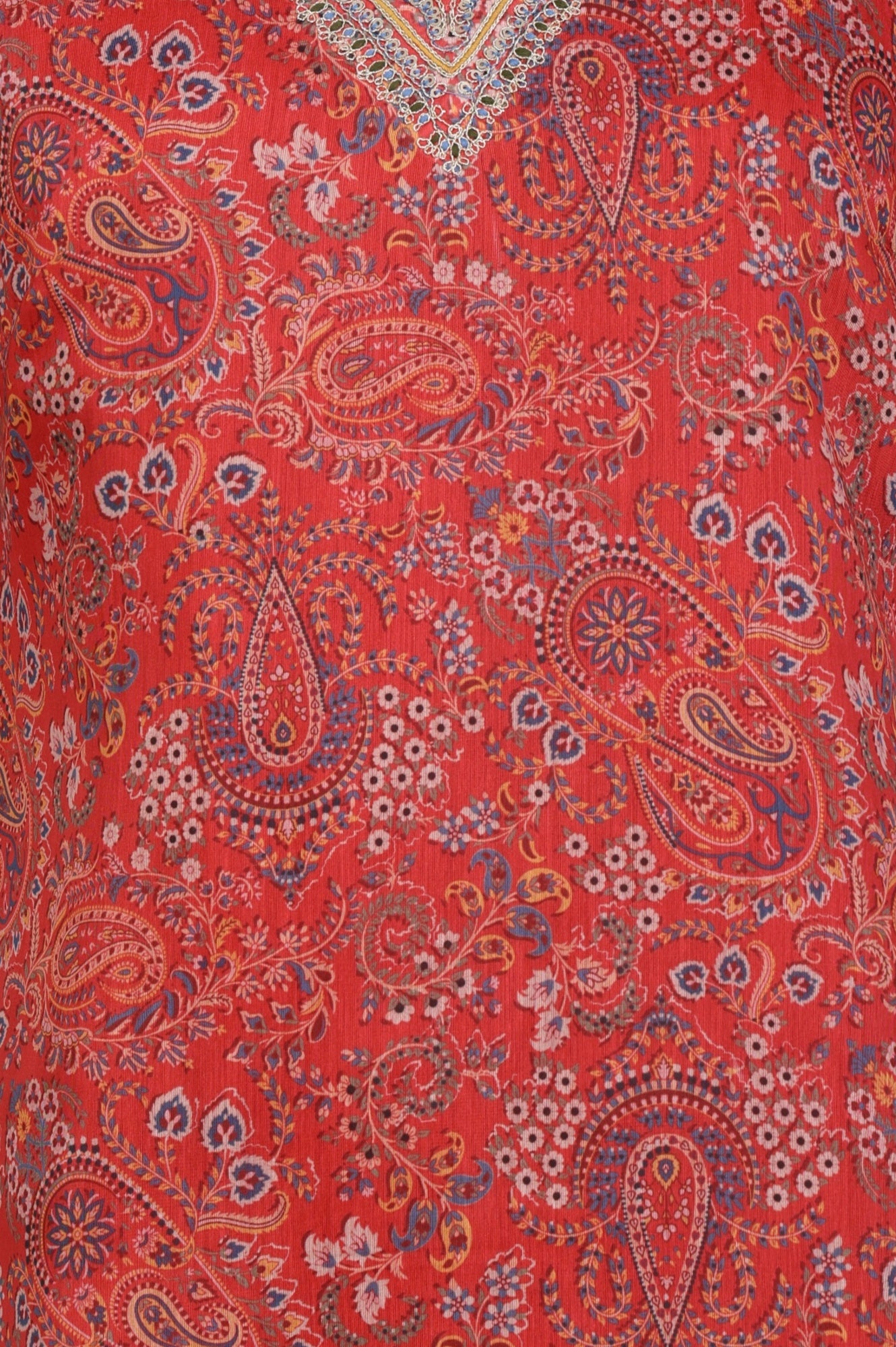 Rust Paisley Printed Straight Chiffon Kurta with Embroidered Neck