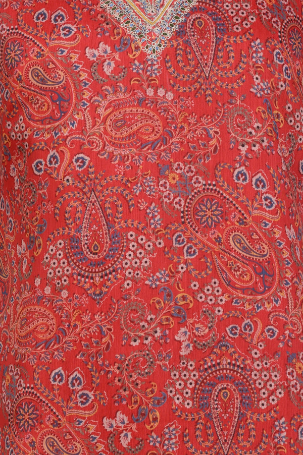 Rust Paisley Printed Straight Chiffon Kurta with Embroidered Neck
