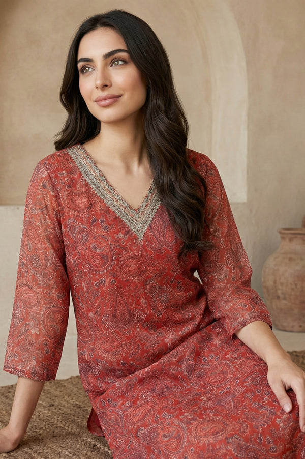 Rust Paisley Printed Straight Chiffon Kurta with Embroidered Neck