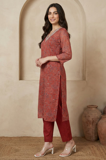 Rust Paisley Printed Straight Chiffon Kurta with Embroidered Neck
