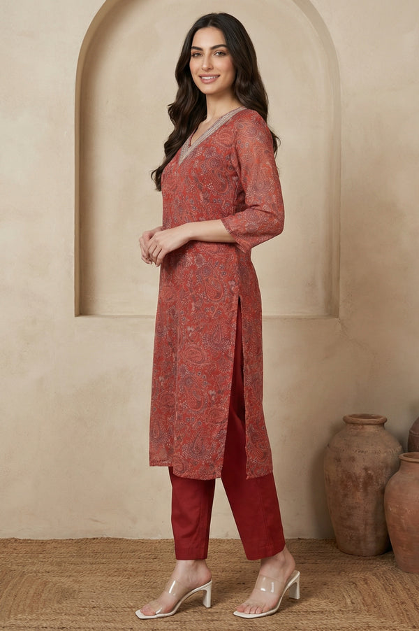 Rust Paisley Printed Straight Chiffon Kurta with Embroidered Neck