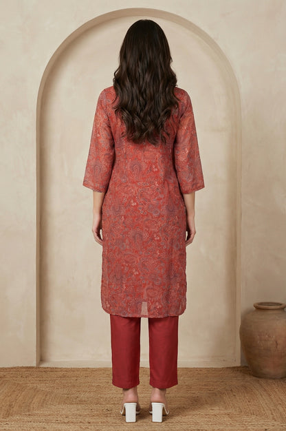 Rust Paisley Printed Straight Chiffon Kurta with Embroidered Neck