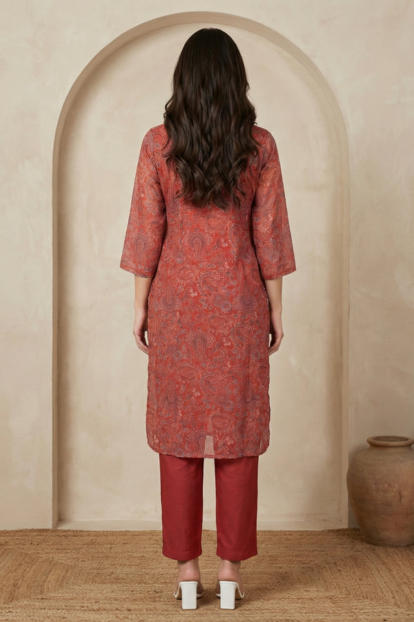 Rust Paisley Printed Straight Chiffon Kurta with Embroidered Neck