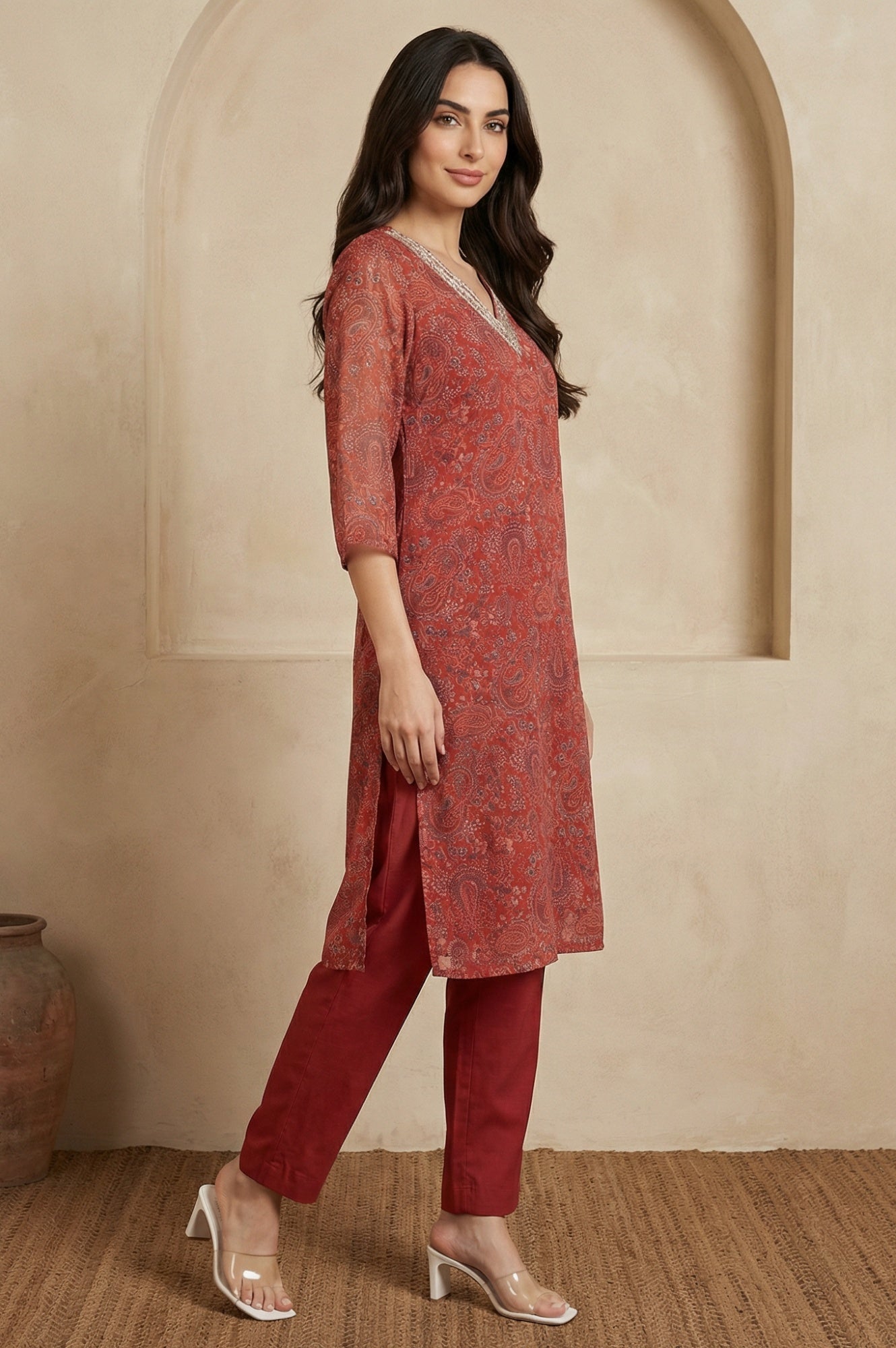 Rust Paisley Printed Straight Chiffon Kurta with Embroidered Neck