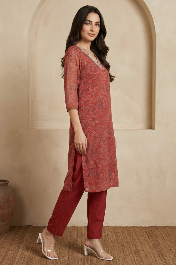 Rust Paisley Printed Straight Chiffon Kurta with Embroidered Neck