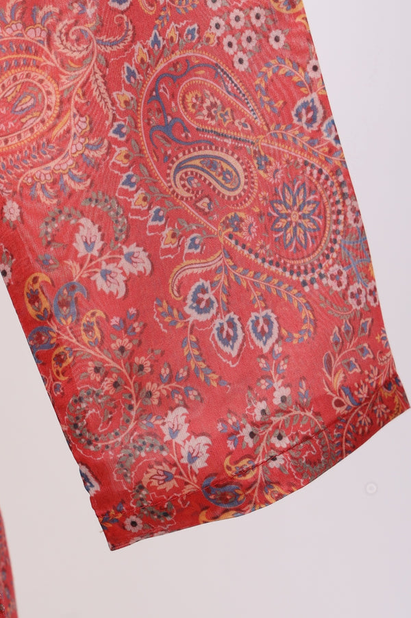 Rust Paisley Printed Straight Chiffon Kurta with Embroidered Neck