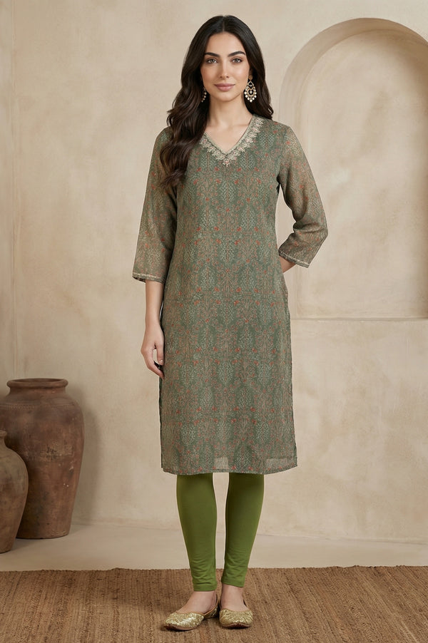 Green Botanical Printed Chiffon Straight Kurta with Sequin