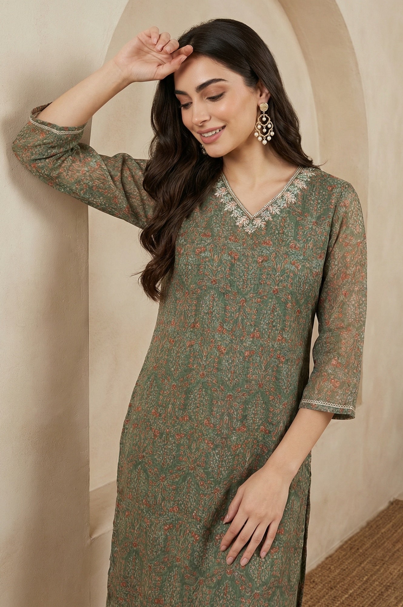 Green Botanical Printed Chiffon Straight Kurta with Sequin