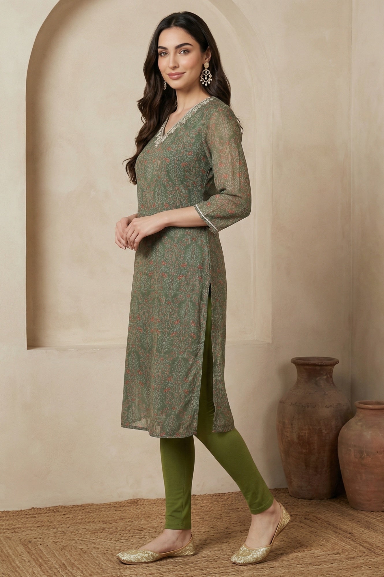 Green Botanical Printed Chiffon Straight Kurta with Sequin