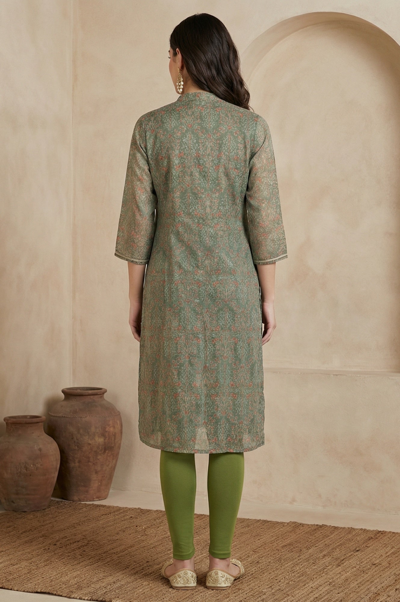 Green Botanical Printed Chiffon Straight Kurta with Sequin