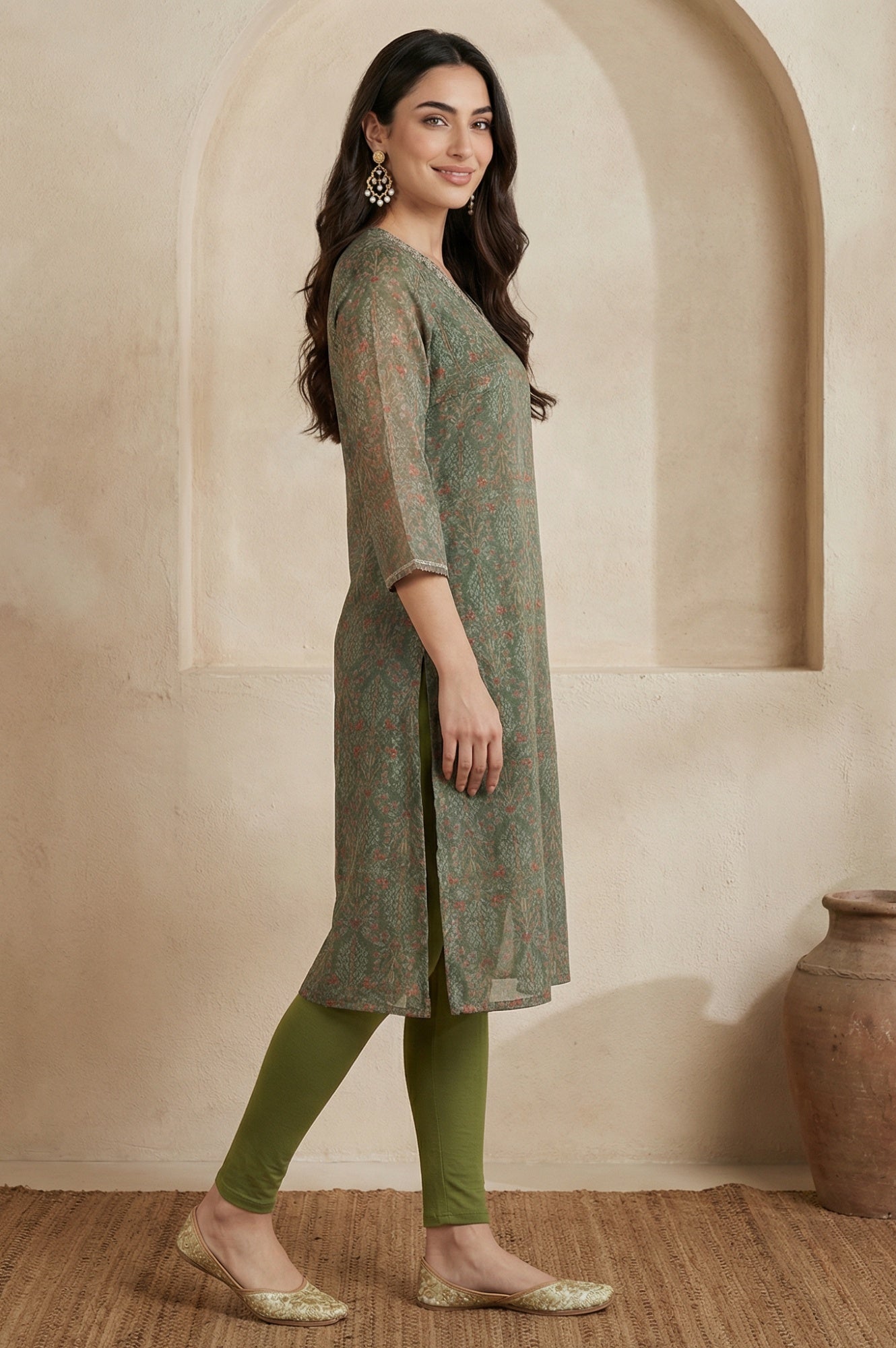 Green Botanical Printed Chiffon Straight Kurta with Sequin