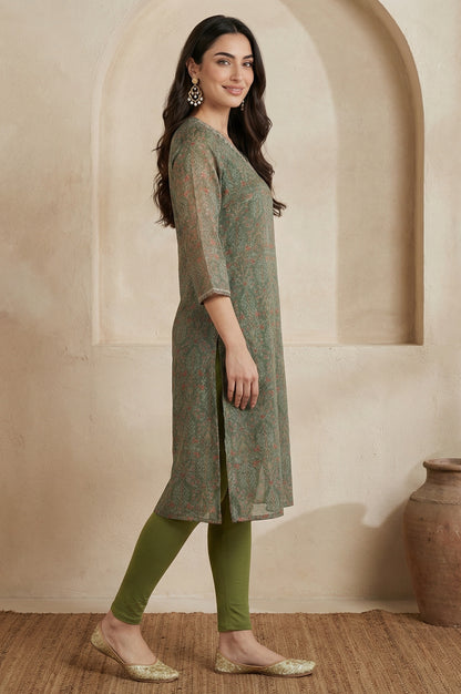 Green Botanical Printed Chiffon Straight Kurta with Sequin