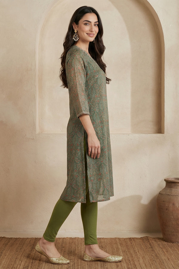 Green Botanical Printed Chiffon Straight Kurta with Sequin