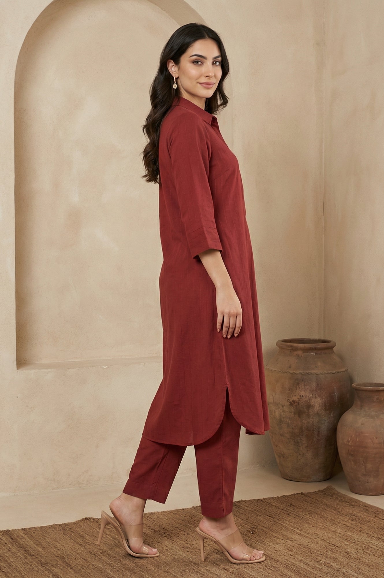 Maroon Solid Pure Cotton Straight Kurta