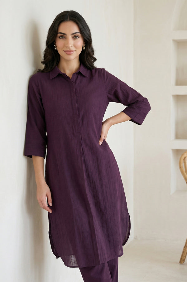 Burgundy Solid Pure Cotton Straight Kurta