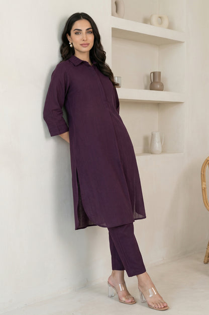 Burgundy Solid Pure Cotton Straight Kurta