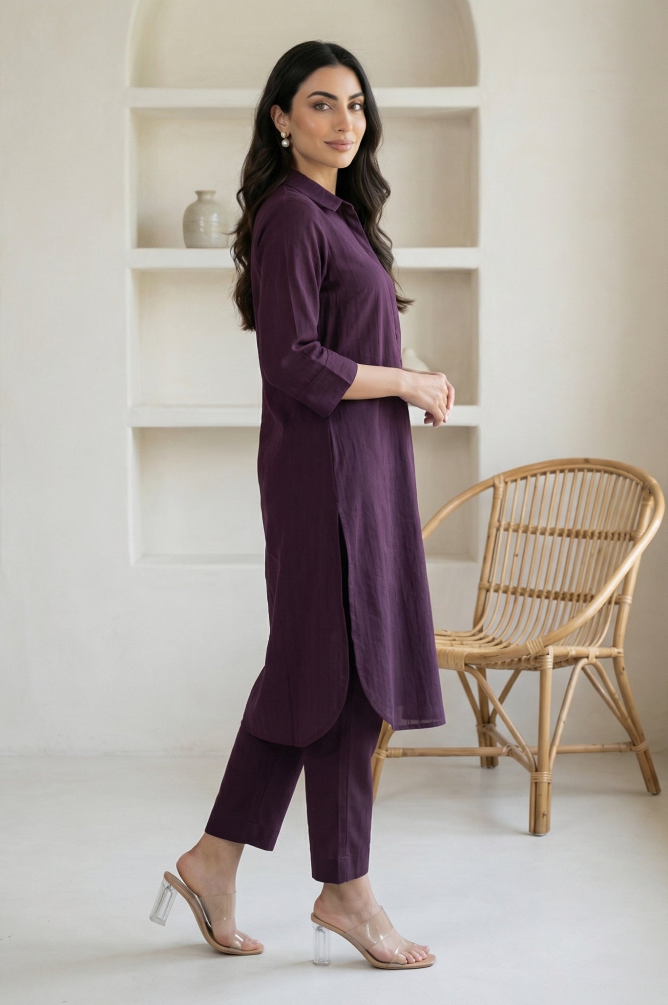 Burgundy Solid Pure Cotton Straight Kurta