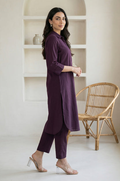 Burgundy Solid Pure Cotton Straight Kurta