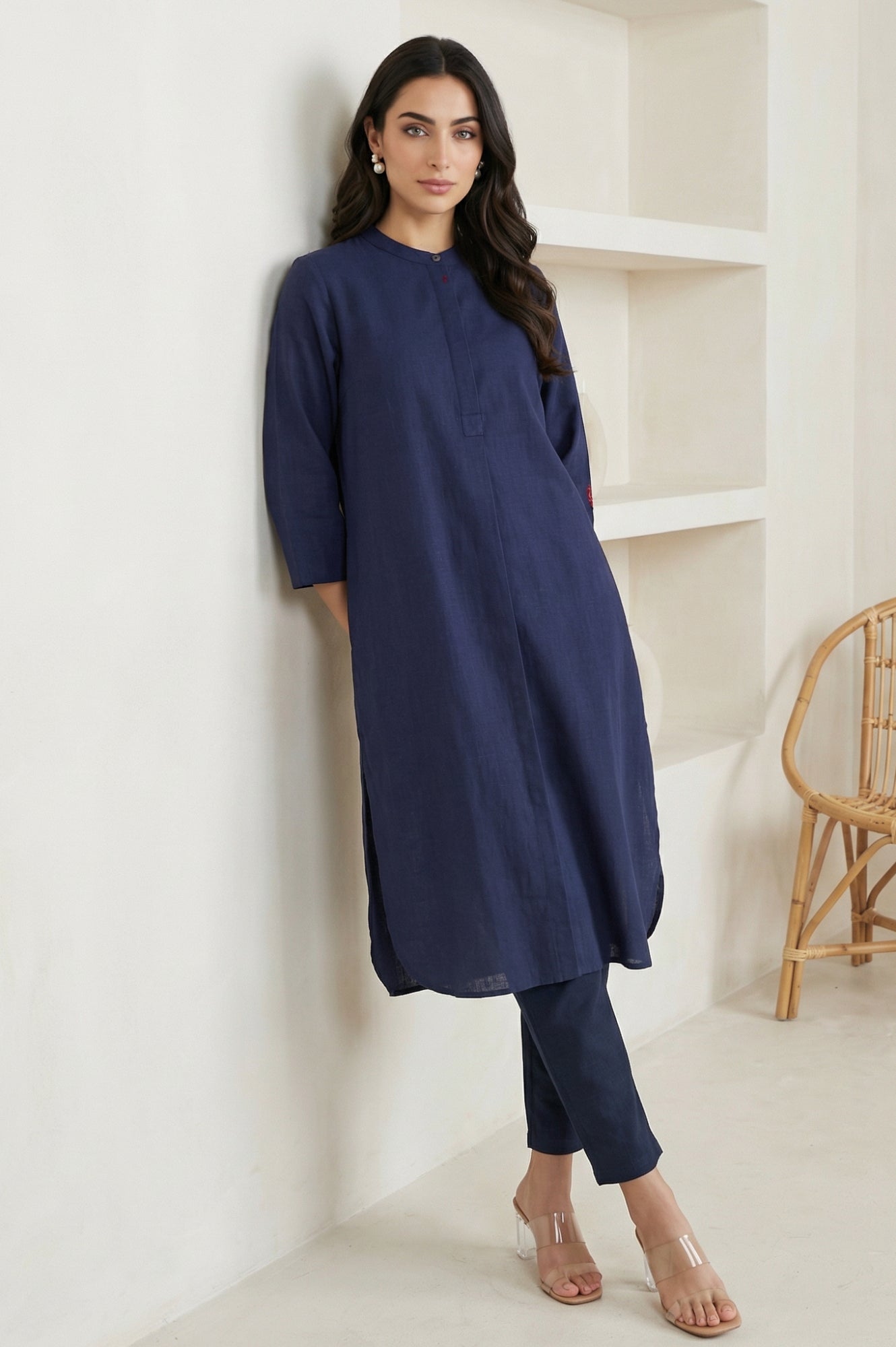 Navy Blue Solid Pure Cotton Straight Kurta