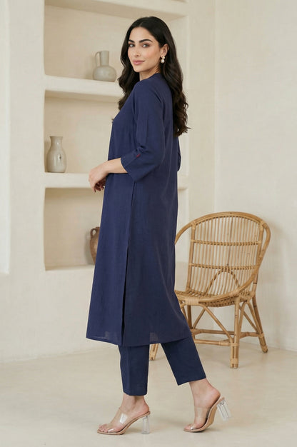 Navy Blue Solid Pure Cotton Straight Kurta