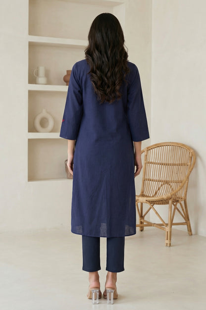 Navy Blue Solid Pure Cotton Straight Kurta