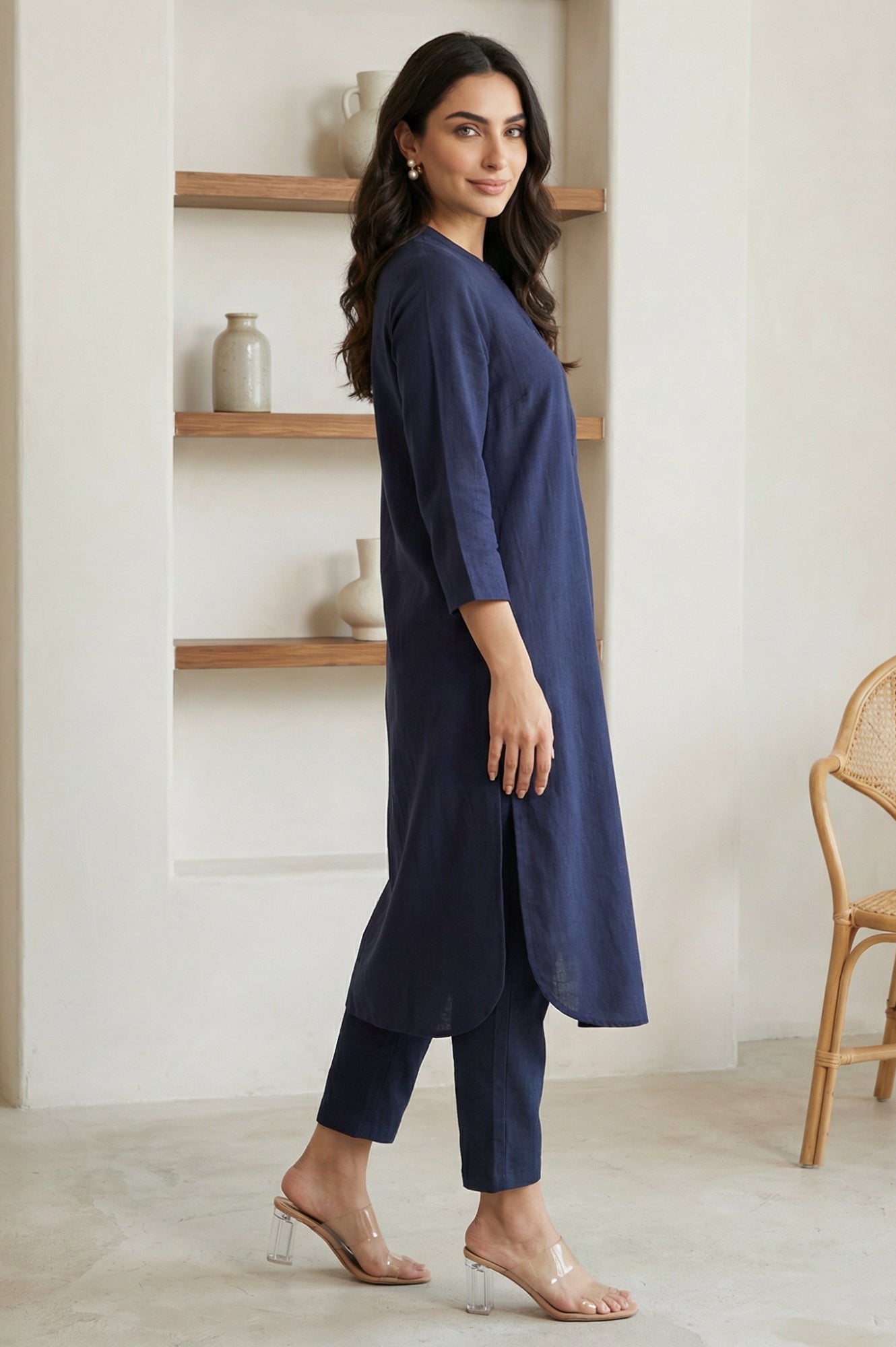 Navy Blue Solid Pure Cotton Straight Kurta