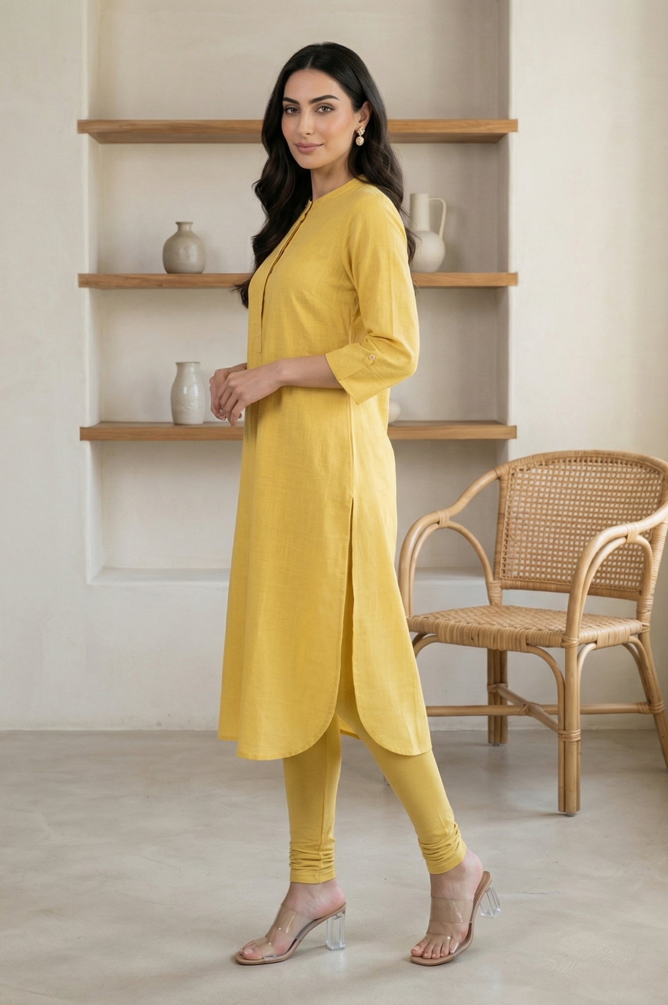 Yellow Thread Embroidered Pure Cotton Straight Kurta