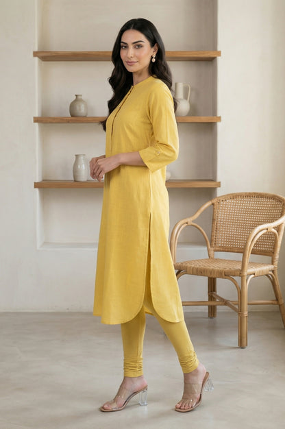 Yellow Thread Embroidered Pure Cotton Straight Kurta