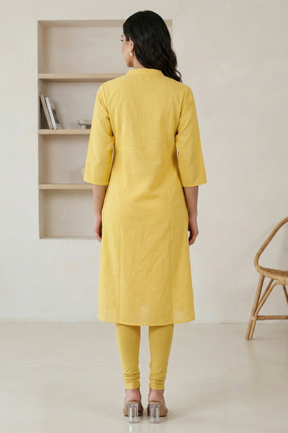 Yellow Thread Embroidered Pure Cotton Straight Kurta