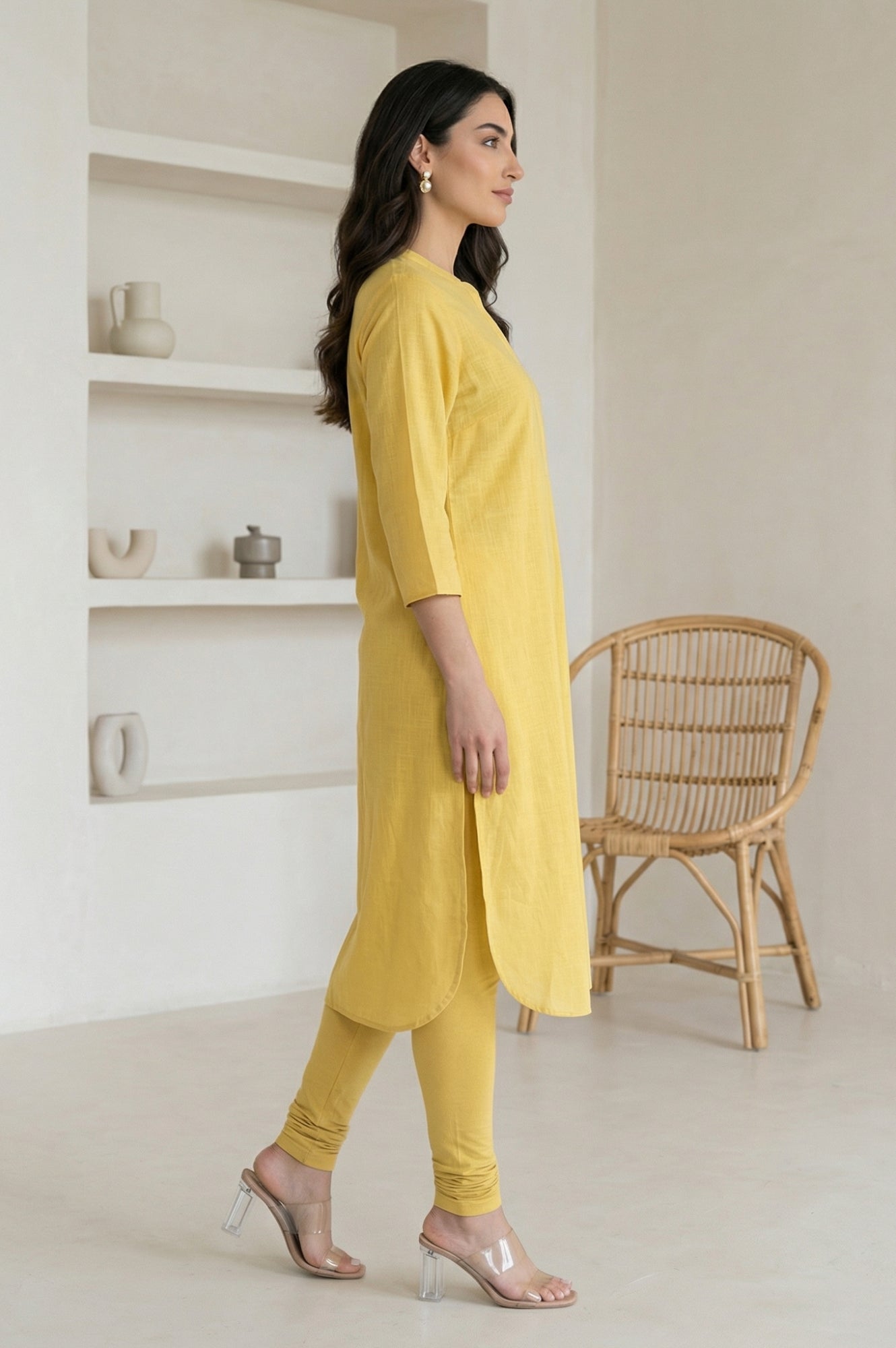 Yellow Thread Embroidered Pure Cotton Straight Kurta